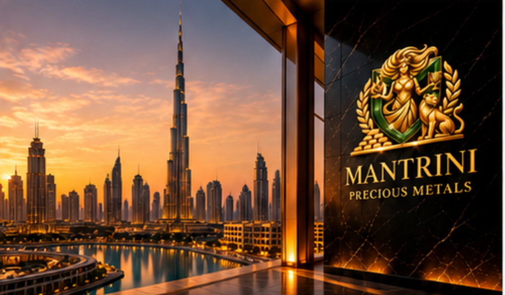 Dubai skyline and MANTRINI precious metals branded office interior
